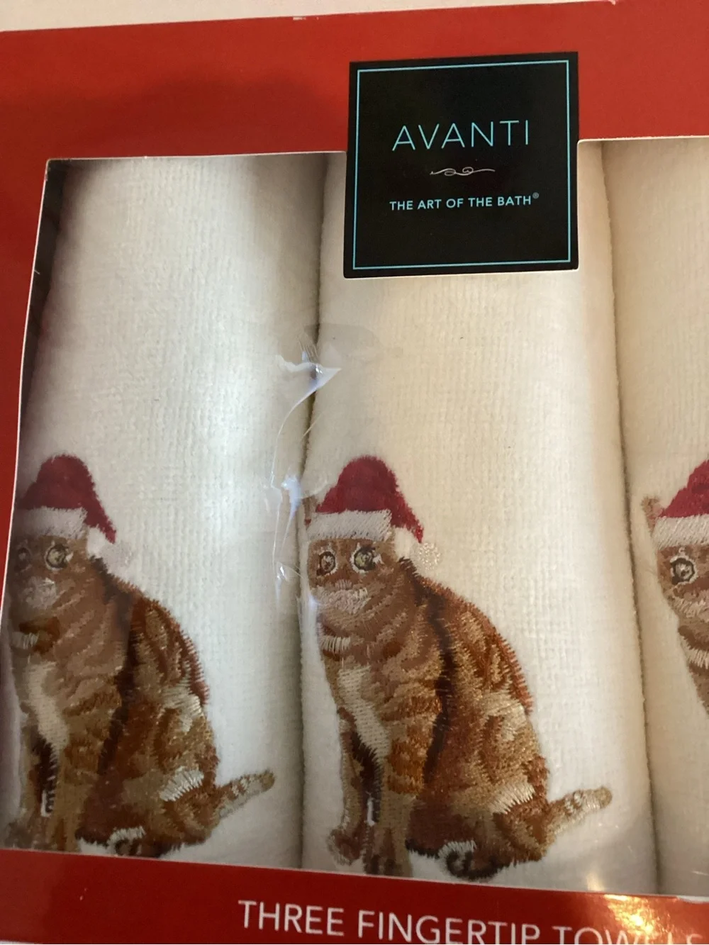 New In Box Avanti Embroidered Christmas Orange Cat Fingertip Bath Towels Lot Of3